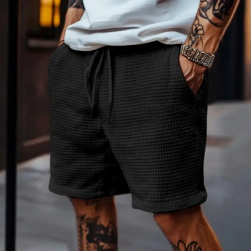 Men's Waffle Shorts Sweat Shorts Shorts Bermuda shorts Baggy Shorts Drawstring Elastic Waist Plain Comfort Sports Knee Length Outdoor Casual Daily Fashion Streetwear Black Blue Micro-elastic4