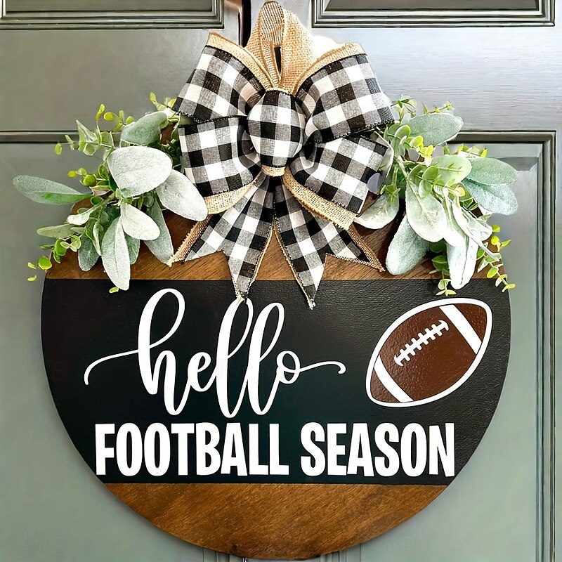 Hello Football Season Door Sign, Rustic Wooden Football Welcome Sign with Bow, Farmhouse Front Door Wreath for Fall Football Decor, Game Day Party Decoration