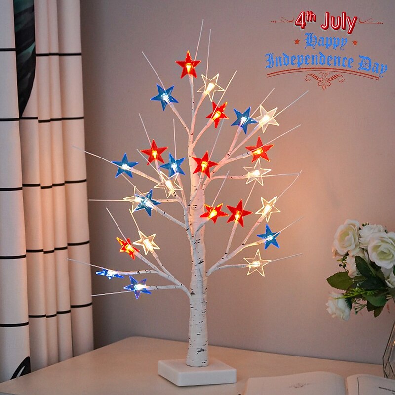 4th of July Patriotic String Lights Decorative DIY Artificial Tree Lamp, 24 LED Birch Tree Lights, Battery/USB Operated Fourth of July Independence Day Lighted Tree for Home Table Party Decor