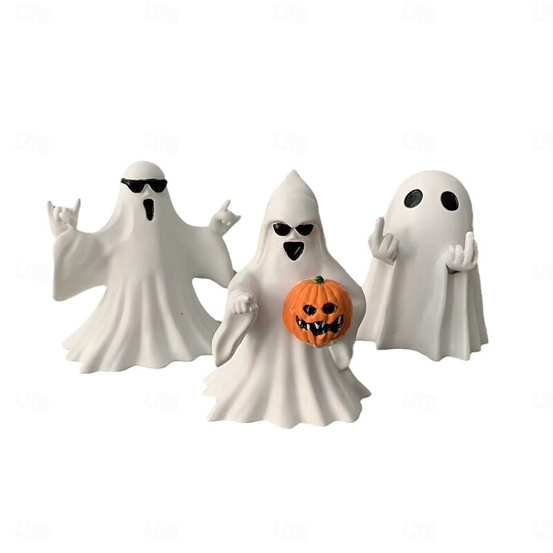 Funny Middle Finger Ghost Halloween Decor, Cute Resin Ghost Figurine with Heart Hand Sign, Spooky Tabletop Ornament for Home Party Display2