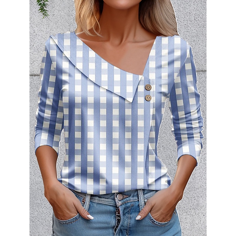 Women's T Shirt Graphic Plaid Vintage Stylish Basic Asymmetric Neck Regular Tops Daily Going out Weekend Buttons Yellow Blue Orange Summer Spring Fall3