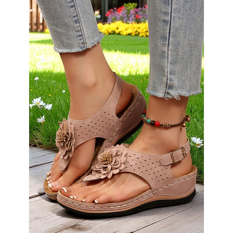 Women's Floral Embellished Comfort Sandals – Soft Sole Casual T-Strap Sandals for Ladies, Great for Garden Walks, Picnics and Daily Errands