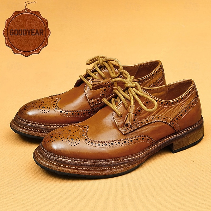 Men's Tan Leather Wingtip Brogue Shoes with Goodyear Welt and Lace-Up Design - Elegant and Comfortable Formal Shoes for Professional and Social Events