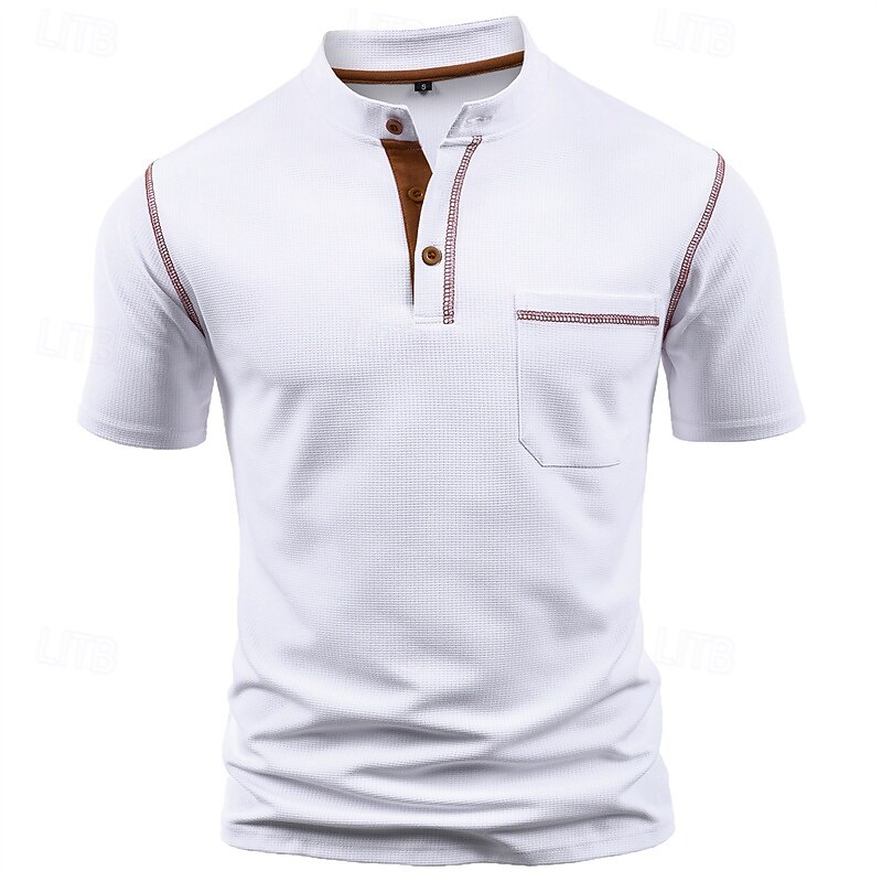 Men's T Shirt Henley Shirt Tee Short Sleeve Shirt Short Sleeve Henley Summer Color Block Fashion Designer Basic Patchwork Pocket Vacation Street Going out Wine Black White Top Tee for Men3