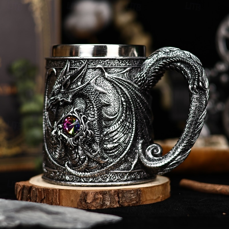 Medieval Dragon Beer Mug,Oktoberfest Gift Mug 3D Embossed Stainless Steel Coffee Cup,Oktoberfest Gift for Men Retro Tea Tankard, High Aesthetic Water Mug