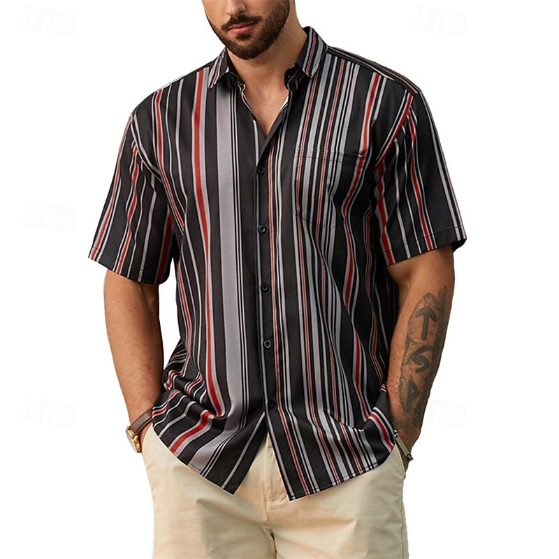 Men's Shirt Summer Shirt Casual Shirt Beach Shirt Button Up Shirt Black Yellow Blue Dark Gray Short Sleeve Stripes Lapel Vacation Hawaiian Clothing Apparel Polyester Fashion Casual Comfortable4