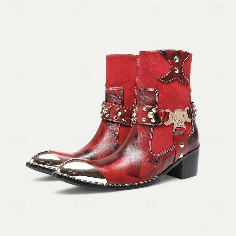 Men's Red Leather Ankle Boots with Gold Tip Decorative Metal Buckles and Studded Details–Bold Western Style Boots for Nightlife and Party Wear2