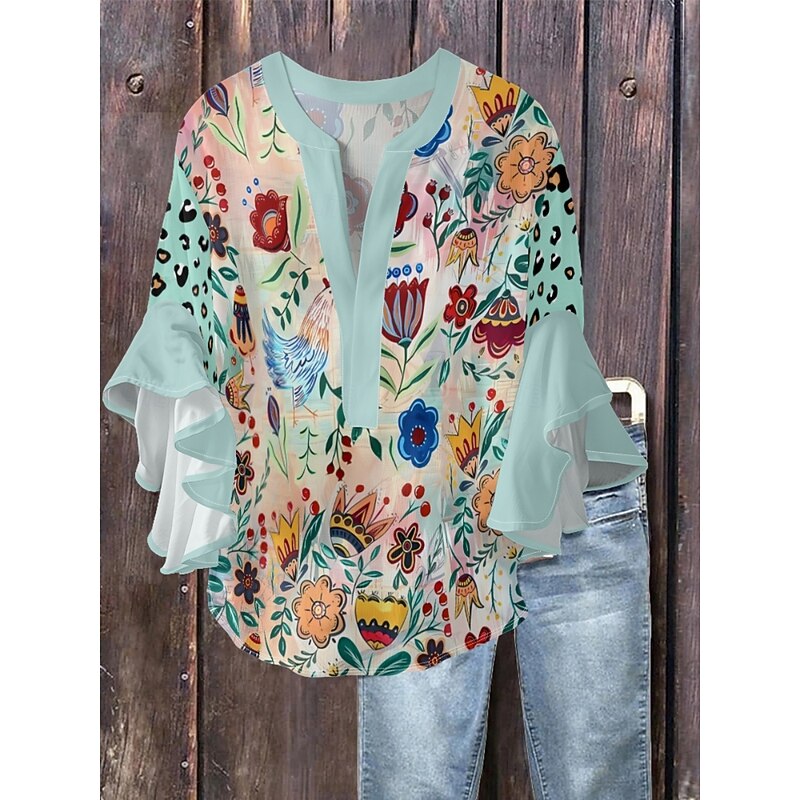 Women's Blouse Floral Stylish Modern 3/4 Length Sleeve V Neck Regular Tops Daily Holiday Ruffle Print Pink Blue Orange Green Summer3