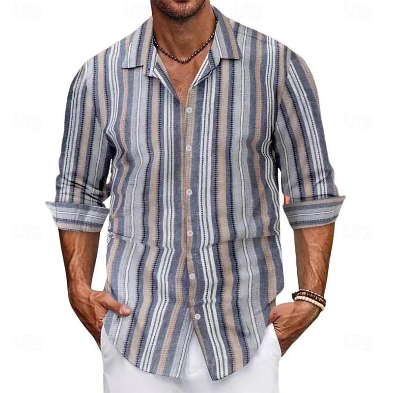 Men's Stripes Color-blocking Shirt Button Up Shirt Casual Dress Shirt Long Sleeve Fashion Casual Vacation Daily Streetwear Summer Spring Turndown 3D Print Collared Shirts Blue Green Khaki Dark Blue4