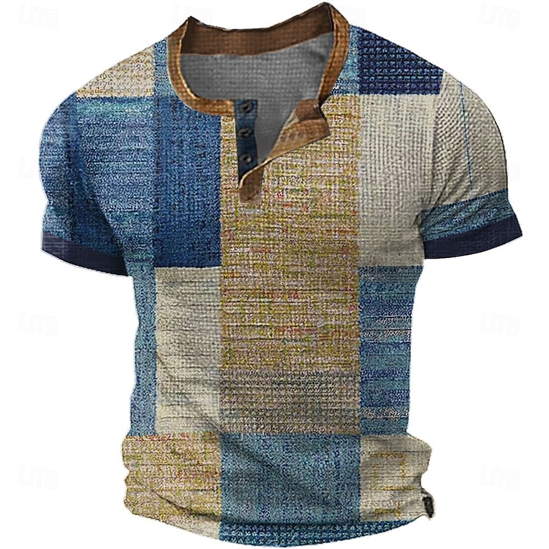 Men's Patchwork Henley Shirt Waffle T Shirt Short Sleeve Daily Retro Vintage Classic Sports Outdoor Casual Holiday Spring & Summer All Seasons Green Blue Brown Grey Henley Henley T-Shirt