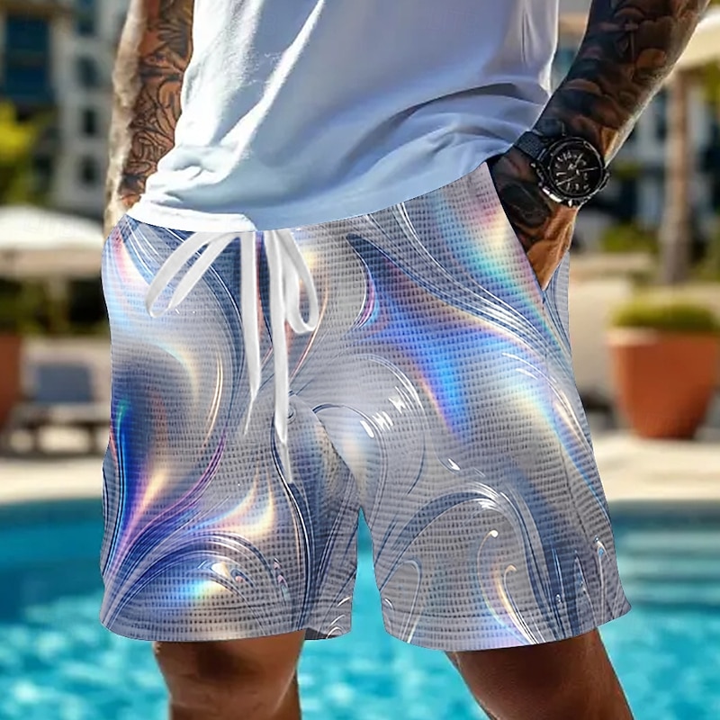 Men's Geometric Gradient Waves Waffle Shorts Sweat Shorts Casual Shorts Mid Waist Fashion Casual Vacation Jogging Workout Elastic Drawstring Waist Shorts with Pockets Designer Clothing Apparel