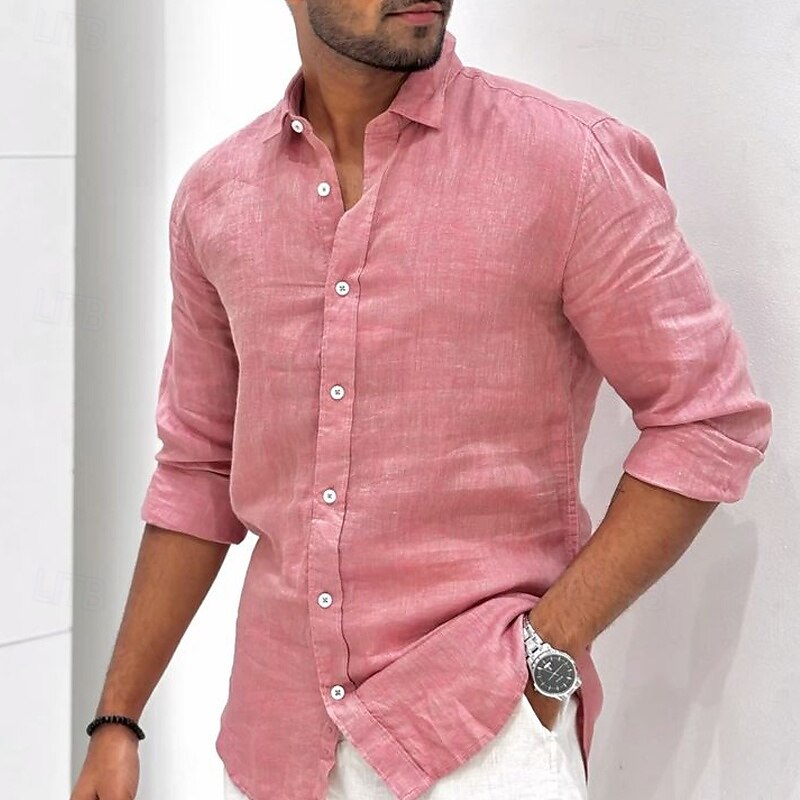Men's Shirt Linen Shirt Summer Shirt Beach Wear Button Up Shirt Plain Vacation Casual Black White Light Green Pink Long Sleeve Turndown Spring & Summer Clothing Apparel