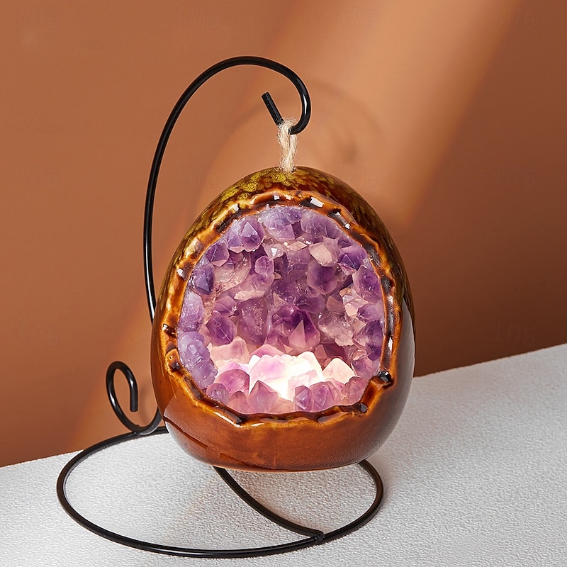 1pc Natural Amethyst Crystal Cluster Dinosaur Egg Shape USB-Powered Night Light with Metal Chain - Purple Fantasy Theme Home Decor for Bedroom Living Room Office Dinosaur Room Decor