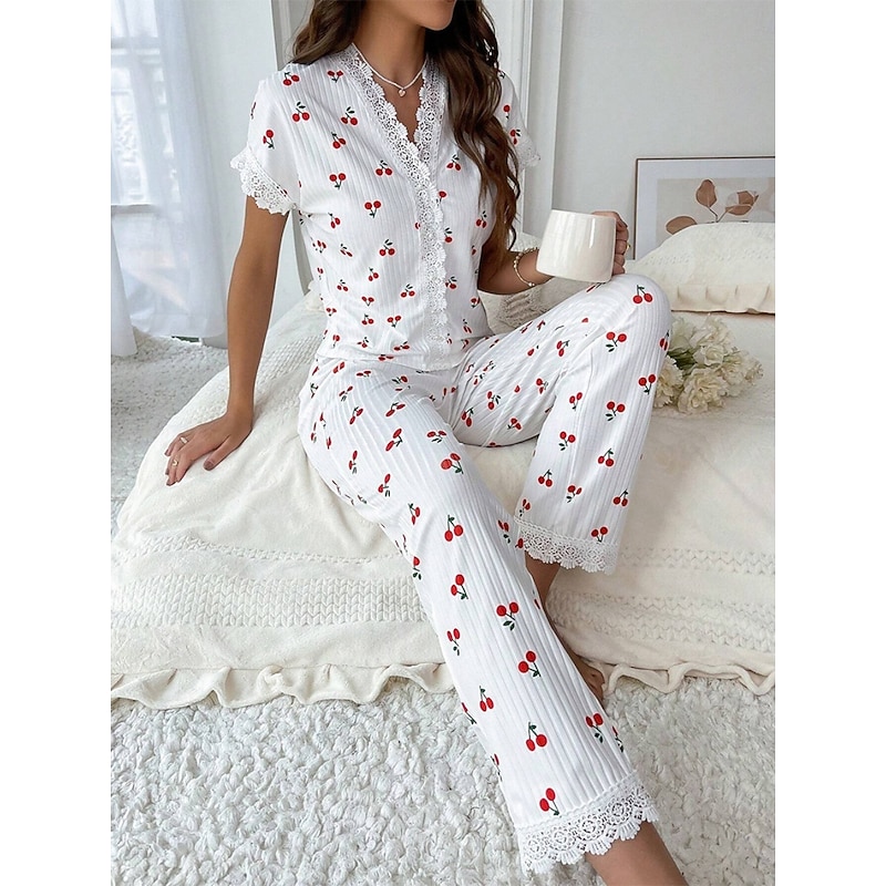 Women's Pajama Set Casual Comfort Cherry Elastic Waist Shirt Pant Home Daily Short Sleeve V Neck White Summer Spring Fall Regular Fit
