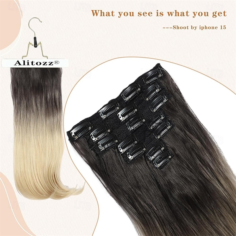 Clip in Hair Extensions 6PCS 20 Inch - Black to Bleach Blonde Ombre Synthetic Hair with Seamless Removable Clips for Women Natural Look for Daily & Party Use3