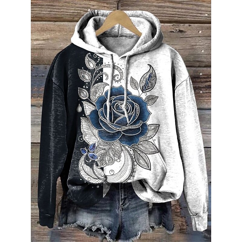 Women's Pullover Hoodie Sweatshirt Floral Warm Vintage Western Long Sleeve Hooded Regular Tops Street Dailywear Vacation Wear Print Black White Pink Orange Brown Fall Winter3