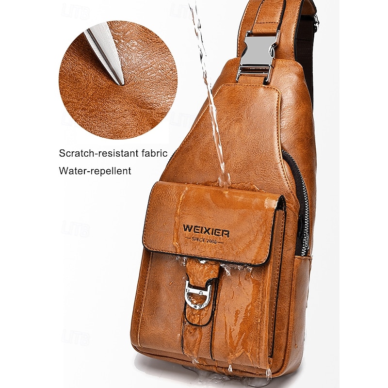 Men's Brown Faux Leather Crossbody Bag - Waterproof and Scratch-resistant Chest Bag with Adjustable Shoulder Strap for Travel, Work or Daily Casual Party Use3