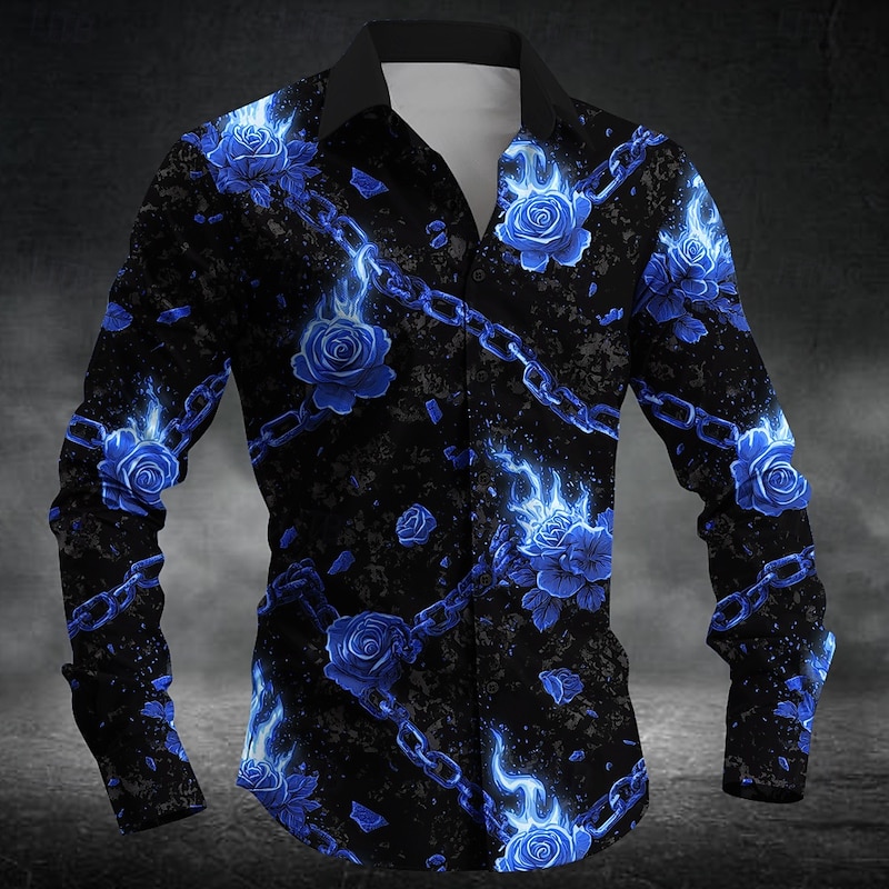 Men's Romantic Flame Rose Shirt Button Up Shirt Long Sleeve Dark Gothic Style Holiday Streetwear Summer Spring Turndown 3D Print Collared Shirts Red Blue Green2