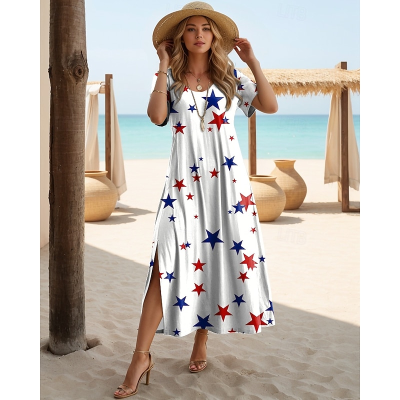 Women's Patriotic  Maxi Dress Long Sleeve Boho Dress Elegant Vintage Butterfly Sleeve Vacation Beach Regular Fit Flag Vintage Short Sleeve Crew Neck Blue Summer3