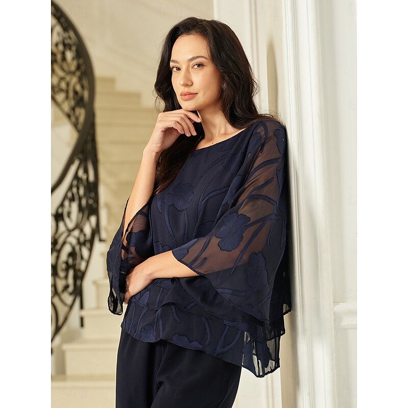 Women's Lace Shirt Blouse Dressy Tops Chiffon Tops Solid Color Floral Graphic Elegant Stylish Basic Half Sleeve Flutter Sleeve Boat Neck Regular Tops Wedding Guest Work Daily Asymmetric Hem Navy Blue2