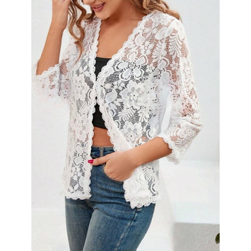 Women's Casual Jacket Breathable Comfortable Lace Patchwork Casual Plain Vacation Street Casual Daily Wear Single Breasted Regular V Neck Regular Fit Long Sleeve Outerwear White Summer Spring4