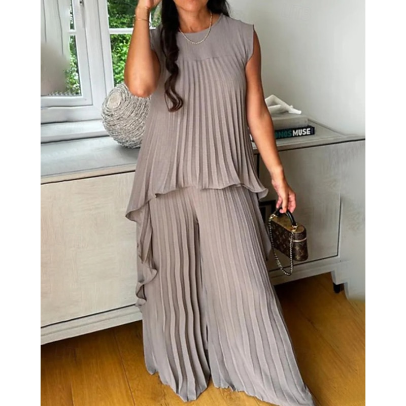 Women's Active Blouse Pants Sets Sleeveless Crew Neck Solid Color Ruched Holiday Daily Wear White Blue Brown Summer Regular Fit