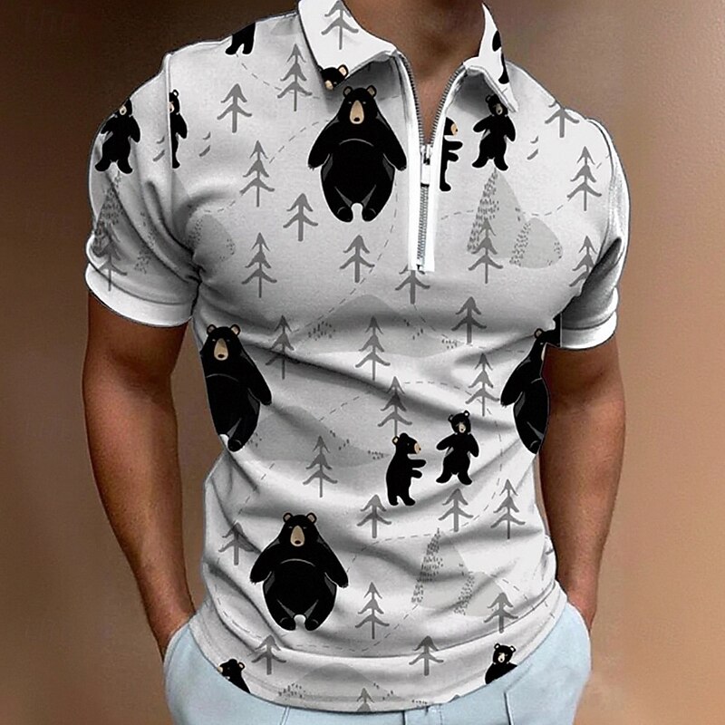 Men's Graphic Zip Polo Shirts Short Sleeve Polo Shirts Collared Shirts Casual Athleisure Daily Wear 3D Print Summer Black White2