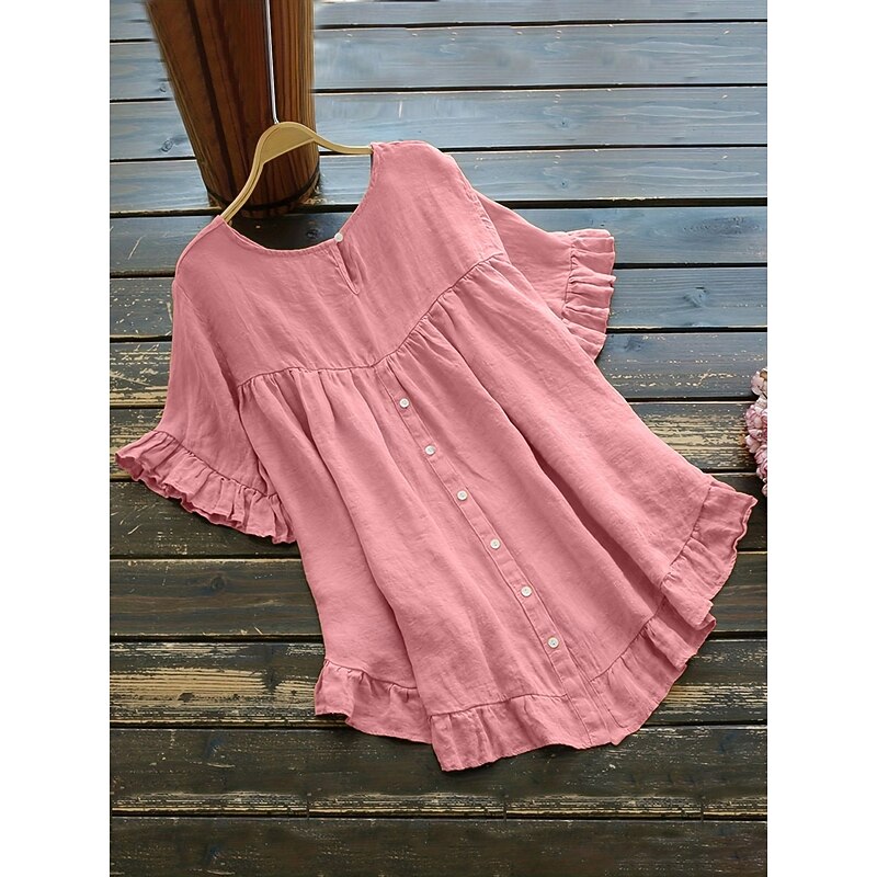 Women's Cotton Linen Shirts Solid Color Basic Casual Short Sleeve Crew Neck Regular Tops Daily Ruffle Buttons White Yellow Pink Wine Gray Summer Spring4