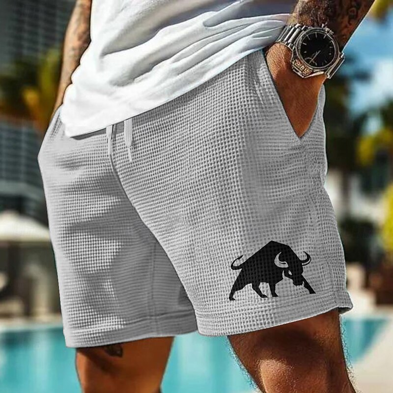 Men's Animal Bull Waffle Shorts Sweat Shorts Casual Shorts Mid Waist Fashion Casual Vacation Jogging Workout Elastic Drawstring Waist Shorts with Pockets Designer Clothing Apparel2