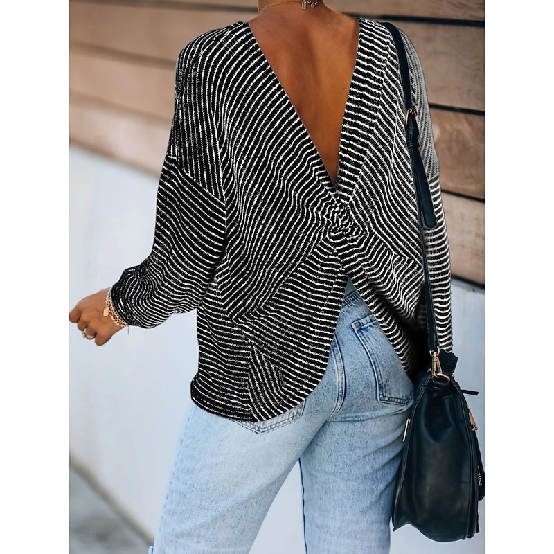 Women's Blouse Striped Stylish Casual Long Sleeve Crew Neck Regular Tops Daily Print Black Gray  Spring Fall Prefall