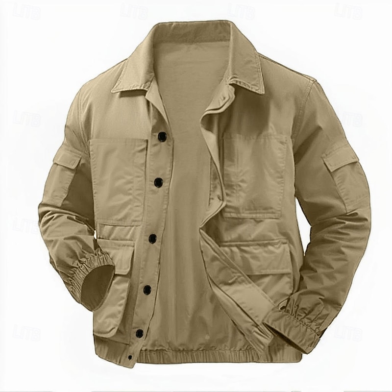 100% Cotton Men's Lightweight Chore Jacket Tactical Casual  Home Portable Pocket Spring Fall Winter Solid Color Active Vintage Turndown Regular Black Green Khaki Jacket