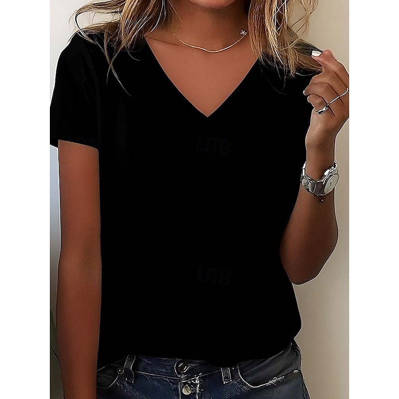 Women's 100% Cotton T Shirt Fashion Basic Casual Short Sleeve V Neck Regular Tops Daily Black White Gray Spring, Fall, Winter, Summer4