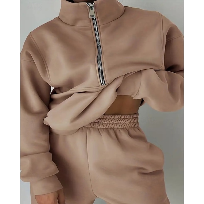 Women's Sweatpants Fleece Tracksuit Track Top Zipper 2 Piece Solid Colored Jacket and Sweatpants Clothing Suit Fall Forest Green Navy Gym Sports Running Thermal Warm Windproof Long Sleeve Sport