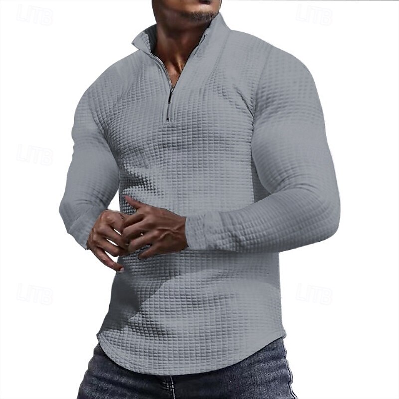 Men's Waffle Sweatshirt Zip Sweatshirt Wine Red Black White Army Green Khaki Standing Collar Plain Zip Up Quarter Zip Textured Sports & Outdoor Casual Daily Streetwear Cool Designer Spring &  Fall