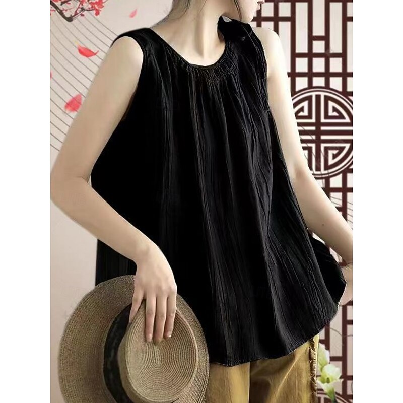 Women's Cotton Linen Shirts Camisole Tank Top Solid Color Basic Casual Sleeveless Crew Neck Regular Tops Daily Black Navy Blue Purple Green Gray Summer