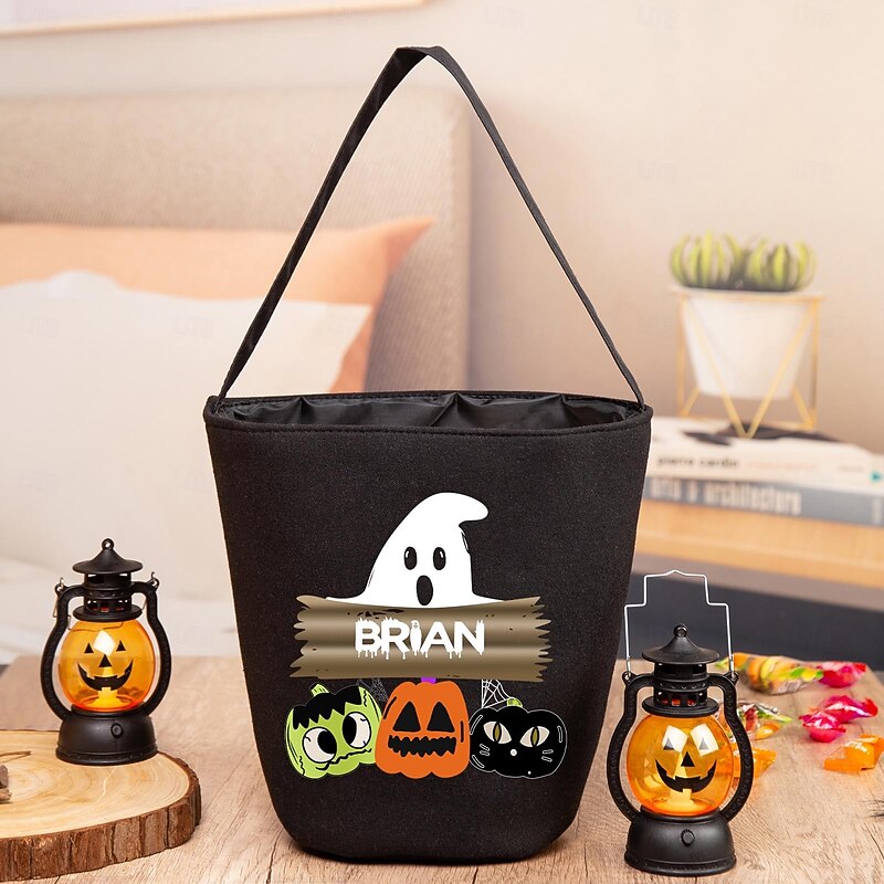 Personalized Name Halloween Treat Bag for Kids Trick or Treat Custom Candy Tote Bag Basket Gift Bag, Funny Ghost Design Large Capacity Reusable Candy Toy Holder4