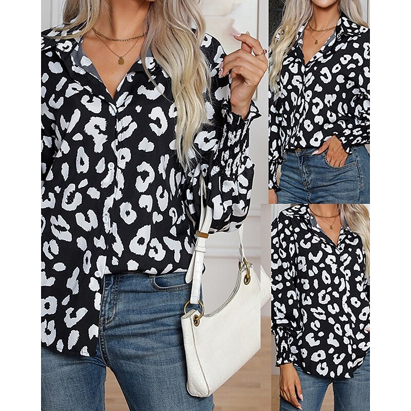 Women's Shirt Leopard Daily Stylish Basic Long Sleeve Shirt Collar Regular Tops Work Daily Holiday Buttons Print Black Spring Fall