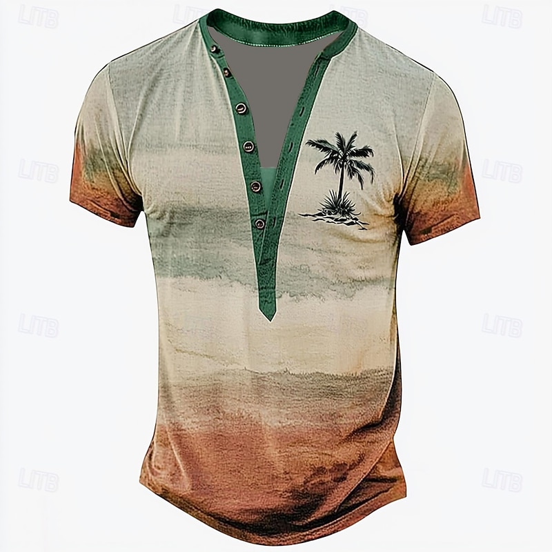 Men's Coconut Tree Ethnic T Shirt Henley Shirt Tee Short Sleeve Designer Basic Classic Outdoor Casual Daily Summer Khaki Grey Henley Henley T-Shirt