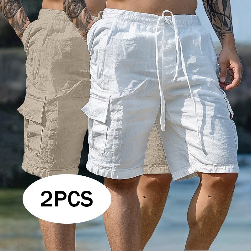 Men's Shorts Linen Shorts Summer Shorts Beach Shorts Drawstring Elastic Waist Multi Pocket Plain Knee Length Outdoor Holiday Beach Vacation Hawaiian White+Sky Blue White+khaki Inelastic