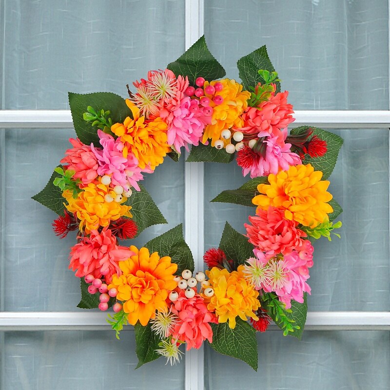 Fall Wreath for Front Door Thanksgiving Autumn Farmhouse Indoor Outdoor Decoration, Artificial Chrysanthemum Floral Wreath with Fall Leaves, Rustic Harvest Garden Door Hanging Decor2