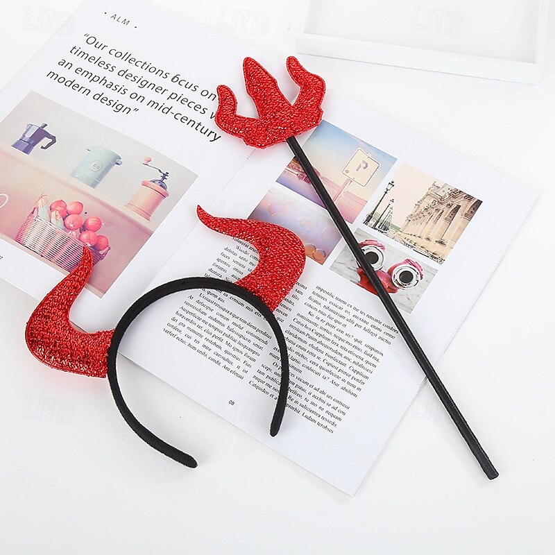 Halloween Headband Set Red Trident and Devil Horns Costume Hairband, Party Accessory for Masquerade, Festival, and Halloween Dress-Up - Main Image