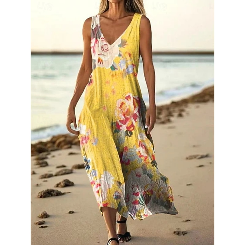 Women's Long Dress Maxi Dress Casual Dress Tank Dress Summer Dress Vintage African Daily Holiday Beach Regular Fit Floral Sleeveless V Neck Yellow Blue Orange Light Grey Summer3