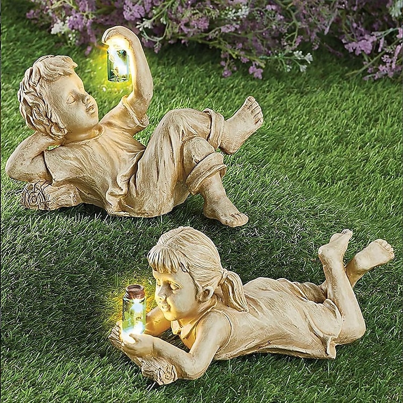 1 Pc Outdoor Solar Landscape Lights Lying Boy Lying Down Girl Glowing Firefly Countryside Courtyard Garden Path Lawn Ornament Light