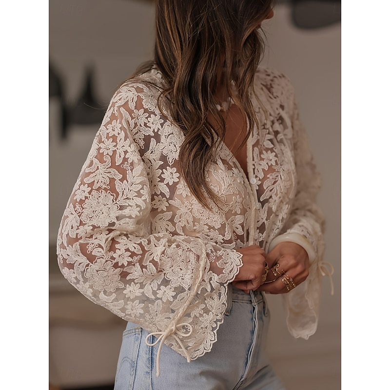 Women's Lace Splicing Top Solid Color Stylish Casual Long Sleeve V Neck Regular Tops Daily Lace Patchwork Beige Summer Spring2