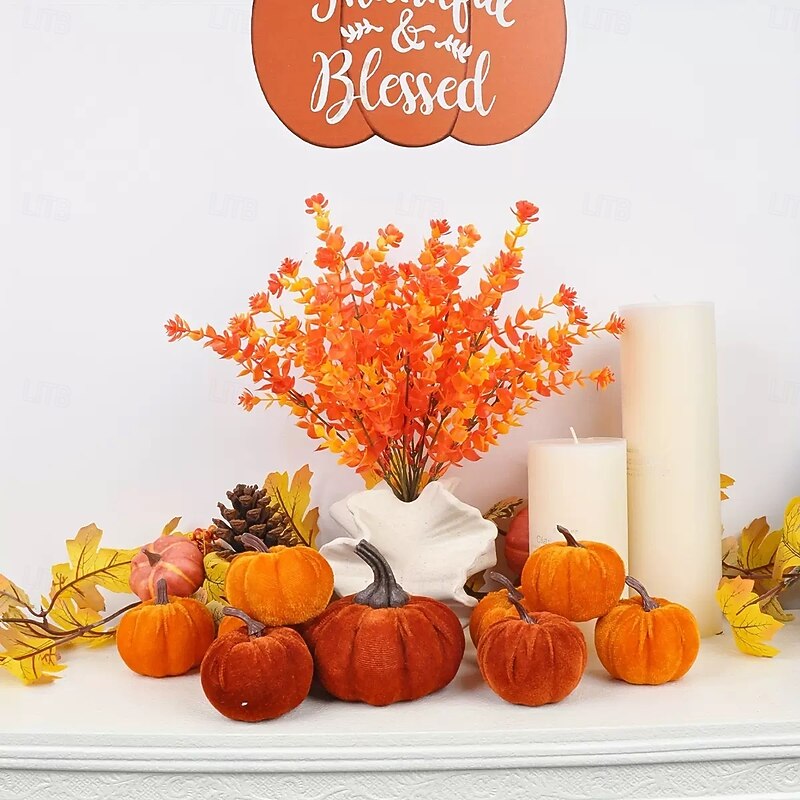 5pcs Fall Artificial Greenery Stems, Sunset Red Eucalyptus Bouquets with Coin Leaves, 7-Branch Plastic Plants for Autumn Thanksgiving Home and Outdoor Decor4