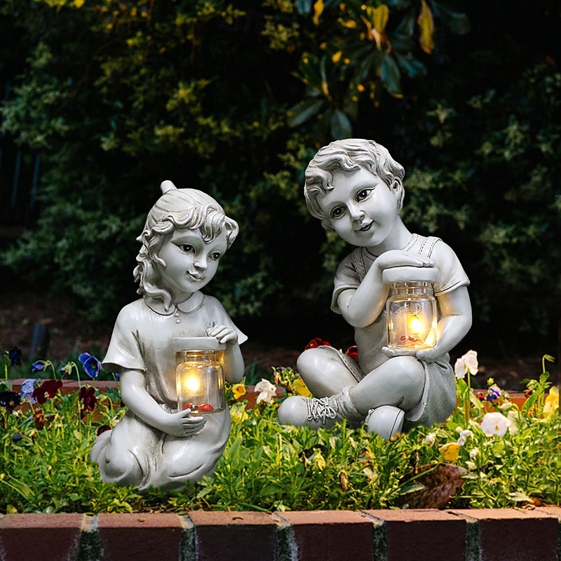 1 Pc Outdoor Waterproof Solar Ant Boy Light Ladybug Girl Light Garden Courtyard Lawn Path Park Resin Statue Decorative Light Landscape Light