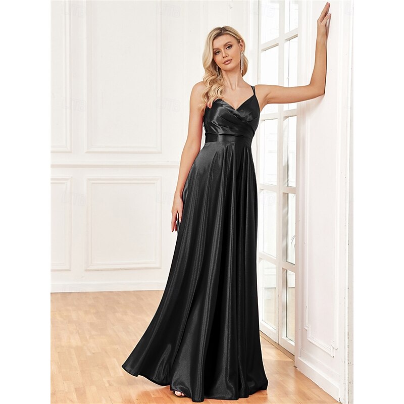 A-Line Quinceanera Dresses Elegant Dress Formal Wedding Floor Length Sleeveless Spaghetti Strap Satin with Pleats Slit4