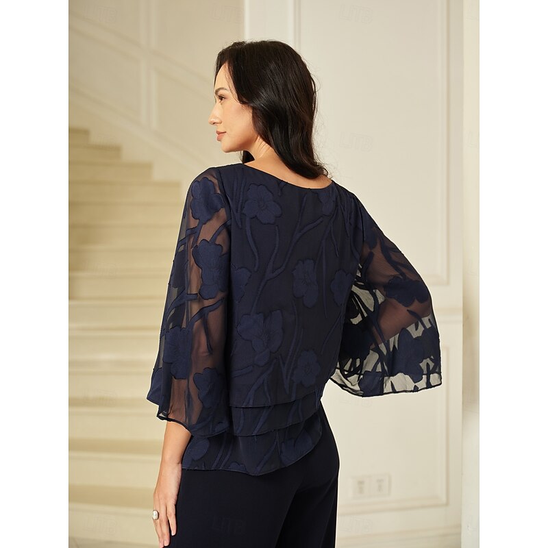Women's Lace Shirt Blouse Dressy Tops Chiffon Tops Solid Color Floral Graphic Elegant Stylish Basic Half Sleeve Flutter Sleeve Boat Neck Regular Tops Wedding Guest Work Daily Asymmetric Hem Navy Blue4