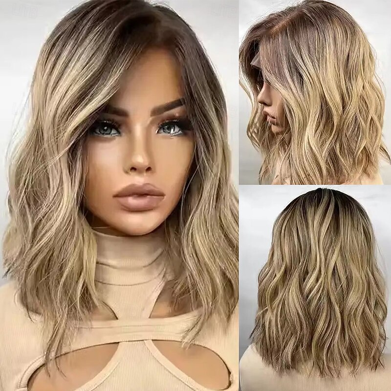 Remy Human Hair 5x5 Closure 13x4 Lace Front Wig Short Bob Brazilian Hair Wavy Blonde Multi-color Wig 130% 150% Density with Baby Hair Highlighted / Balayage Hair 100% Virgin Glueless Pre-Plucked For