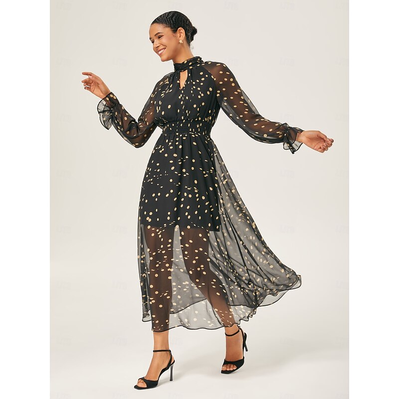 Women's Female Casual Dress Maxi Dress Black Long Sleeve Polka Dot Print Summer Cross-Seasons High Neck Vacation Bohemian XS S M4